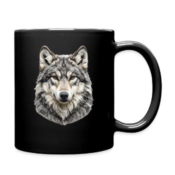 Wolf Head Portrait in Wool the Wolf - Full Colour Mug - black - Right