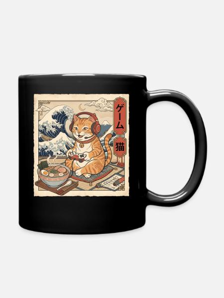 Gamer-Katze isst Ramen Japanische Vintage-Kunst - Tasse einfarbig - Schwarz