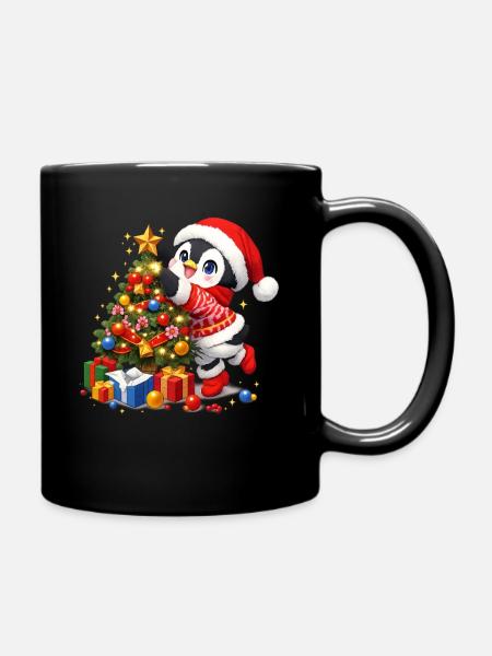 Niedlicher Pinguin Weihnachtsmann-hut - Tasse einfarbig - Schwarz