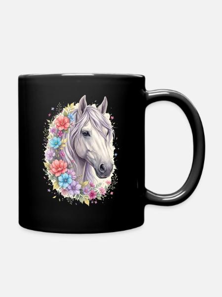 Blumiger Pferdekopf Pastell - Tasse einfarbig - Schwarz