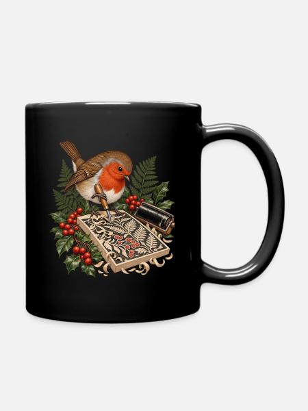 Rotkehlchen beim botanischen Linolschnitt - Tasse einfarbig - Schwarz