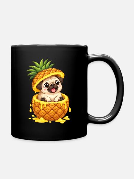 Süßer Mops mit Ananas Cartoon Sommer - Tasse einfarbig - Schwarz