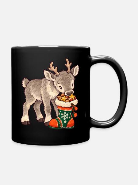 Rentier mit Weihnachtssocke - Tasse einfarbig - Schwarz