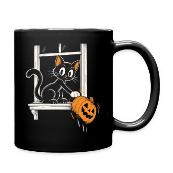 Die Katze schubst die Kürbislaterne - Tasse einfarbig - Schwarz - Rechts