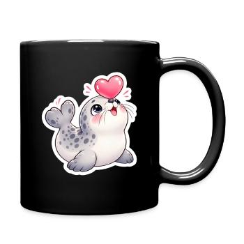Herzige Robbe mit Ballonherz - Tasse einfarbig - Schwarz - Rechts