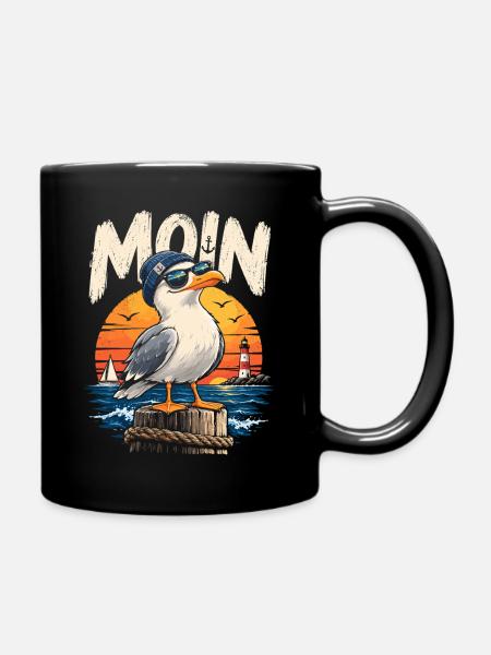 Möwe im Sonnenuntergang am Kai - Tasse einfarbig - Schwarz