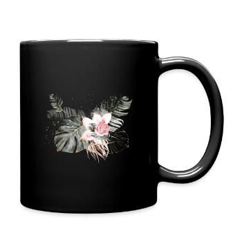 Palmblätter mit rosafarbener Rose - Tasse einfarbig - Schwarz - Rechts
