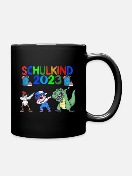 Schulkind 2023 Junge Dabbing mit Dino und Huhn - Tasse einfarbig - Schwarz