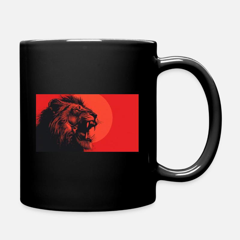 Majestic lion roaring against a vivid red backdrop - Full Colour Mug - black