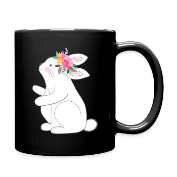 Kleine Hase mit Blumen - Tasse einfarbig - Schwarz - Rechts