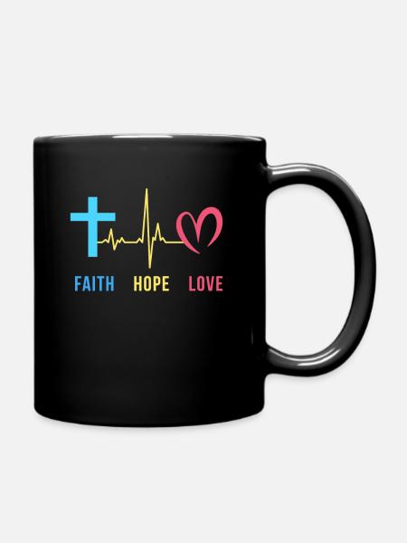 Faith Hope Love Christian Heartbeat - Full Colour Mug - black
