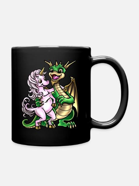 Drache Und Einhorn | Freundschaft Umarmung Kreatur - Tasse einfarbig - Schwarz