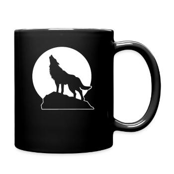 Wolf howling on rock full moon - Full Colour Mug - black - Right
