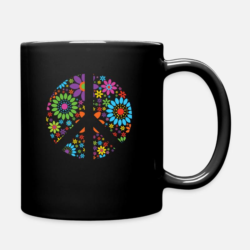 Retro Blumen Design Friedenszeichen Peace Zeichen - Tasse einfarbig - Schwarz