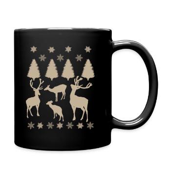 Hirsch, Reh, Tannenbäume, Schneestern Weihnachten - Tasse einfarbig - Schwarz - Rechts