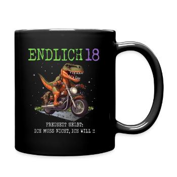Endlich 18 Dino auf Motorrad - Tasse einfarbig - Schwarz - Rechts