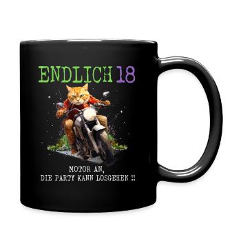 Endlich 18 Katze auf Motorrad - Tasse einfarbig - Schwarz - Rechts