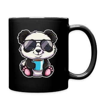 Panda mit Kaffeetasse und Sonnenbrille - Tasse einfarbig - Schwarz - Rechts