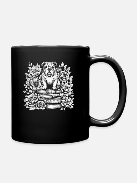 Bulldogge Blumenbuchleser Floral Cottagecore - Tasse einfarbig - Schwarz