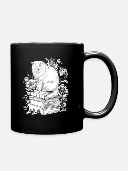 Katze Blumenbuchleser Floral Cottagecore - Tasse einfarbig - Schwarz