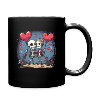 Skully Love Gothic Valentinstag Skelett mit Herzen - Tasse einfarbig - Schwarz - Rechts