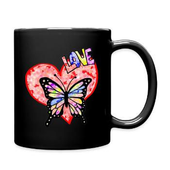 Liebe mit Herzen und Schmetterling - Tasse einfarbig - Schwarz - Rechts