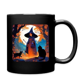 Hexe bei Vollmond mit schwarzen Katzen - Tasse einfarbig - Schwarz - Rechts