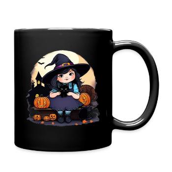 Little cute witch with black cat - Full Colour Mug - black - Right