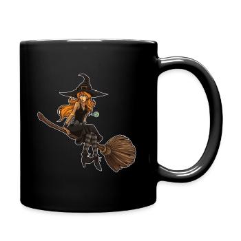 Süsse Hexe sitzt auf ihrem Besen | Halloween - Tasse einfarbig - Schwarz - Rechts
