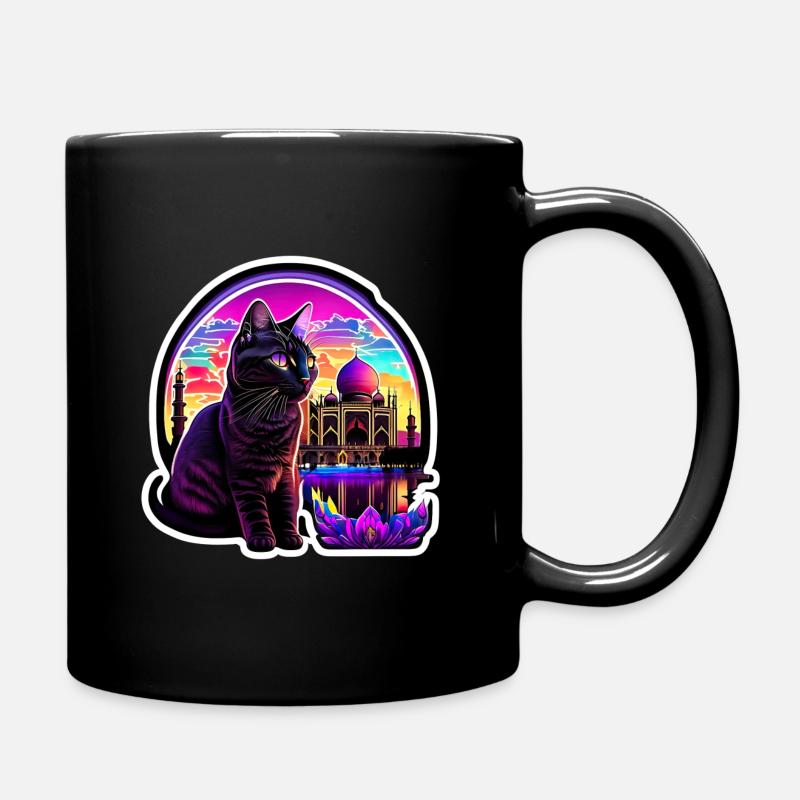 Psychedelic Cat in front of Taj Mahal India - Full Colour Mug - black