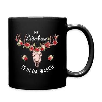Mei Lederhosn is in da Wäsch Hirschgeweih - Full Colour Mug - black - Right