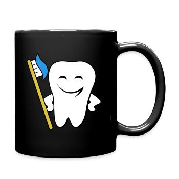 Funny tooth brushing his teeth with a toothbrush - Full Colour Mug - black - Right