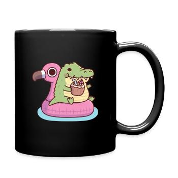 Cute Chubby Crocodile Chilling On Flamingo Float - Full Colour Mug - black - Right