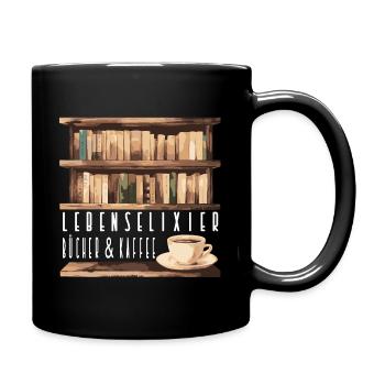 Lebenselixier - Kaffee und Buch lesen - Tasse einfarbig - Schwarz - Rechts