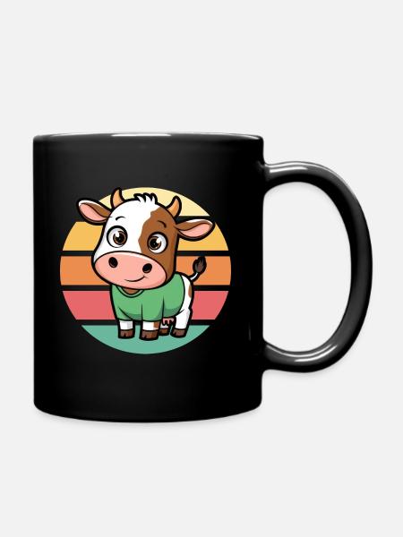 Mignon Dessin Animé Vache Vintage Coucher de soleil - Mug uni - noir