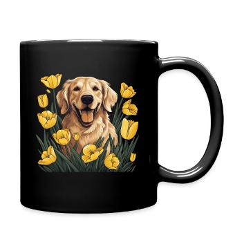 A Golden Retriever surrounded with Daffodils - Full Colour Mug - black - Right