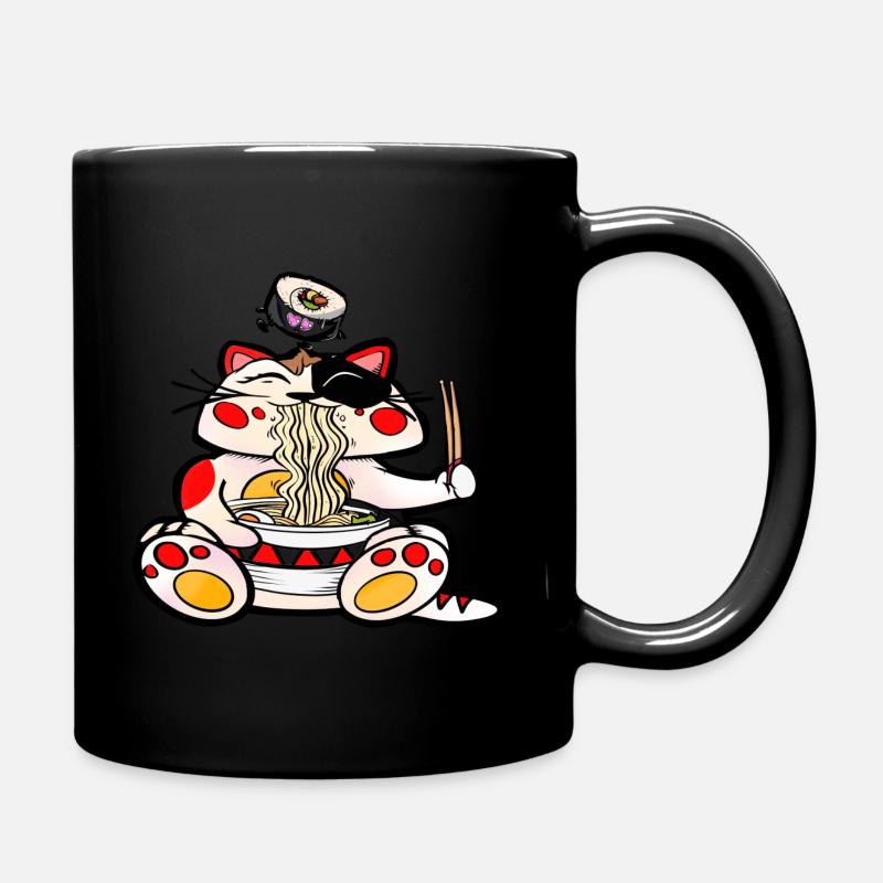 Le chat chanceux Maneki Neko mange des nouilles - Mug uni - noir