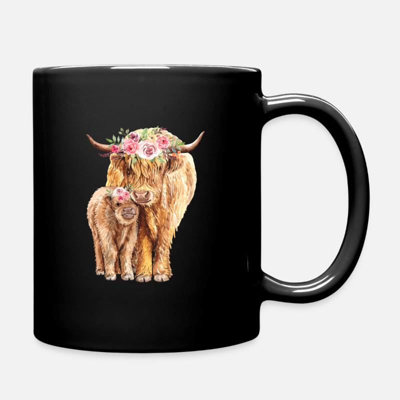 Kuh mit Kalb Blumen Wasserfarben - Tasse einfarbig - Schwarz