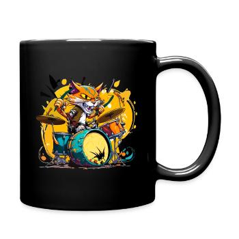 Trendy Cartoon-Katze am Schlagzeug - Tasse einfarbig - Schwarz - Rechts