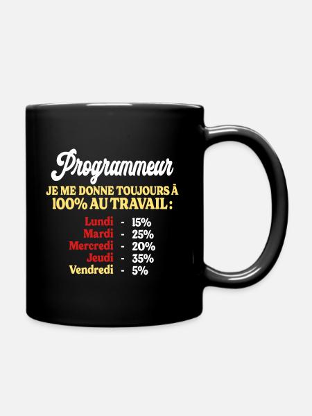 100% Au Travail Citation Drôle Programmeur - Mug uni - noir