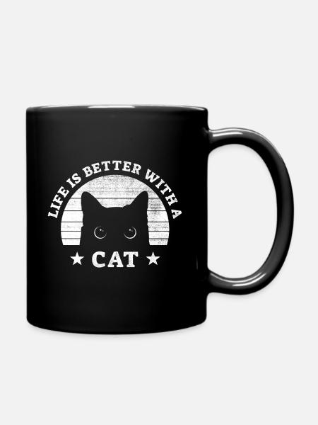 Life is better Cat - Geschenk für Katzenbesitzer - Tasse einfarbig - Schwarz
