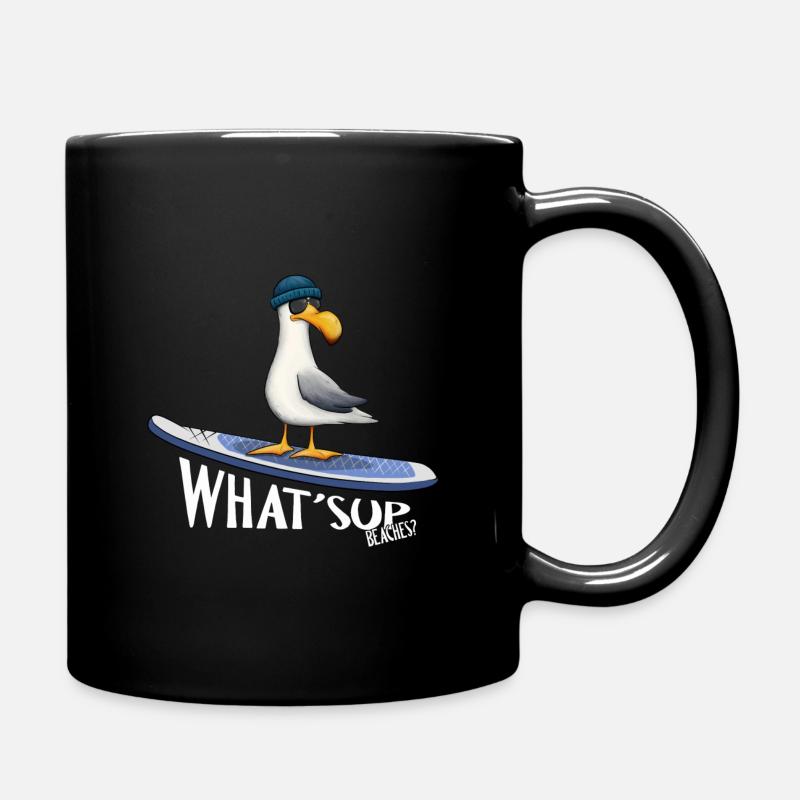 WHAT SUP Beaches Nordsee Ostsee Surfer Möwe - Tasse einfarbig - Schwarz