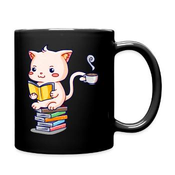 Süße Kawaii Katze auf Bücher und Kaffee - Tasse einfarbig - Schwarz - Rechts