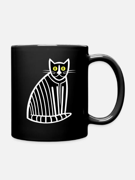 Cat Portrait Stripey Black White Right - Full Colour Mug - black