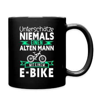 Unterschätze niemals alten Mann auf einem E-Bike - Tasse einfarbig - Schwarz - Rechts