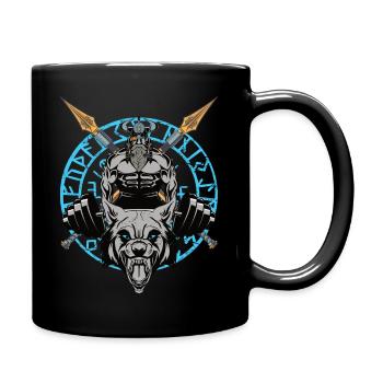 Allfather Odin weightlifting with Fenrir Wolf - Full Colour Mug - black - Right
