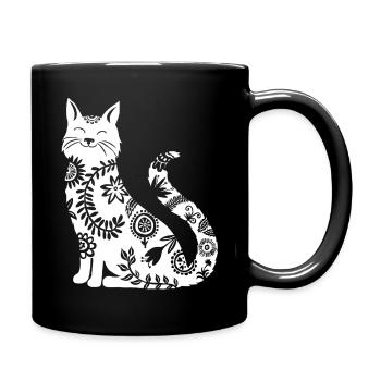 white cat with floral pattern - Full Colour Mug - black - Right