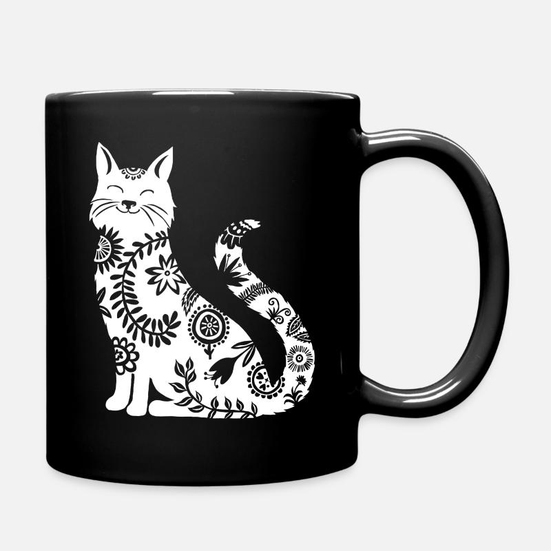 weisse Katze mit Blumenmuster - Tasse einfarbig - Schwarz