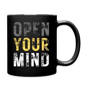 OPEN YOUR MIND – Farbe Grau, Gelb, Weiß - Tasse einfarbig - Schwarz - Rechts
