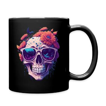 Totenkopf mit Blumen - Tasse einfarbig - Schwarz - Rechts